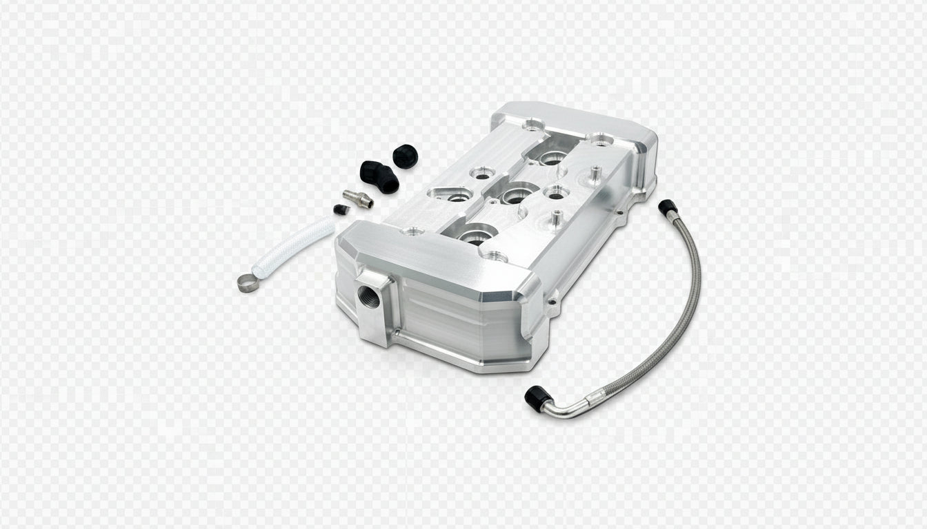 Metal engine block assembly with hoses and connectors on a black background