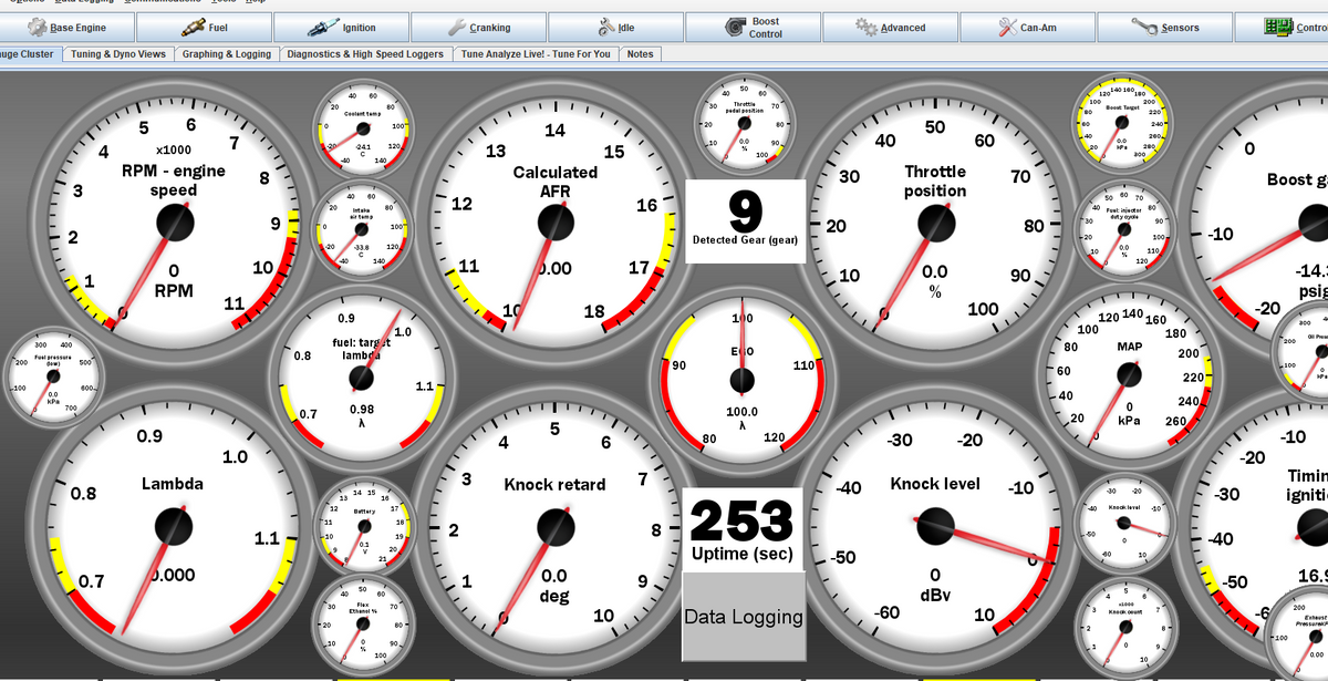 Acclivity stand-alone tuning software gauge dashboard showing engine speed, air-fuel ratio, throttle position and data logging