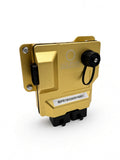 Gold Acclivity Axiom ECU for Polaris RZR Pro R, front view with mounting tabs and connectors