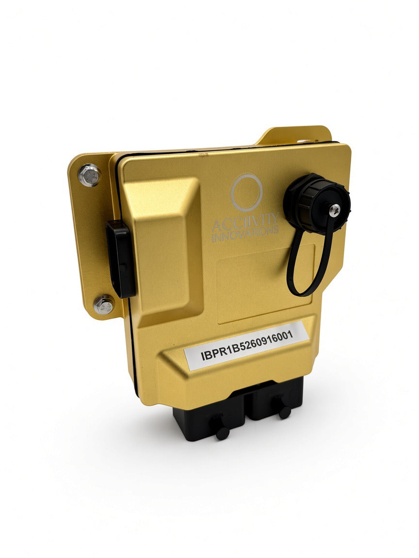 Gold Acclivity Axiom ECU for Polaris RZR Pro R, front view with mounting tabs and connectors