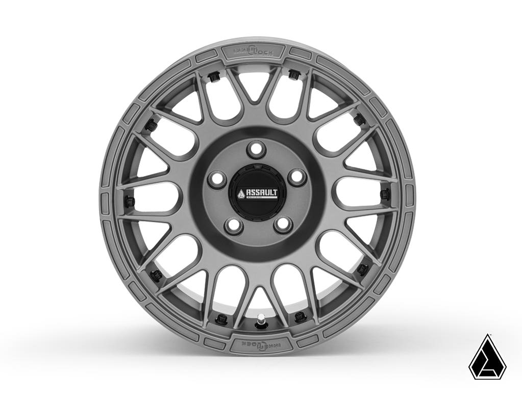 Sticky XT Warrior Tires 35x10x15 on 15x10 Assault Industries Hellfire Matte Titanium Wheels 4/136 Pattern for Maverick X3 and Commander