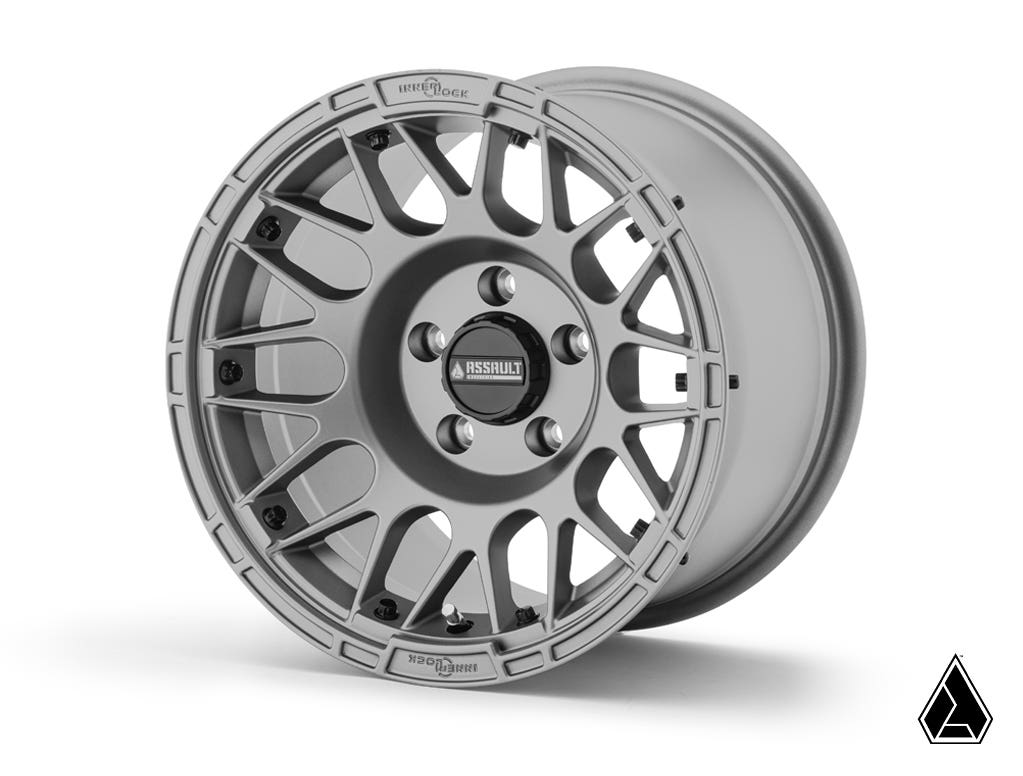Standard XT Warrior Tires 35x10x15 on 15x10 Assault Industries Hellfire Matte Titanium 5/4.5 Pattern for RZR Pro R and RZR Pro R 4 and RZR Turbo R and RZR Turbo R 4