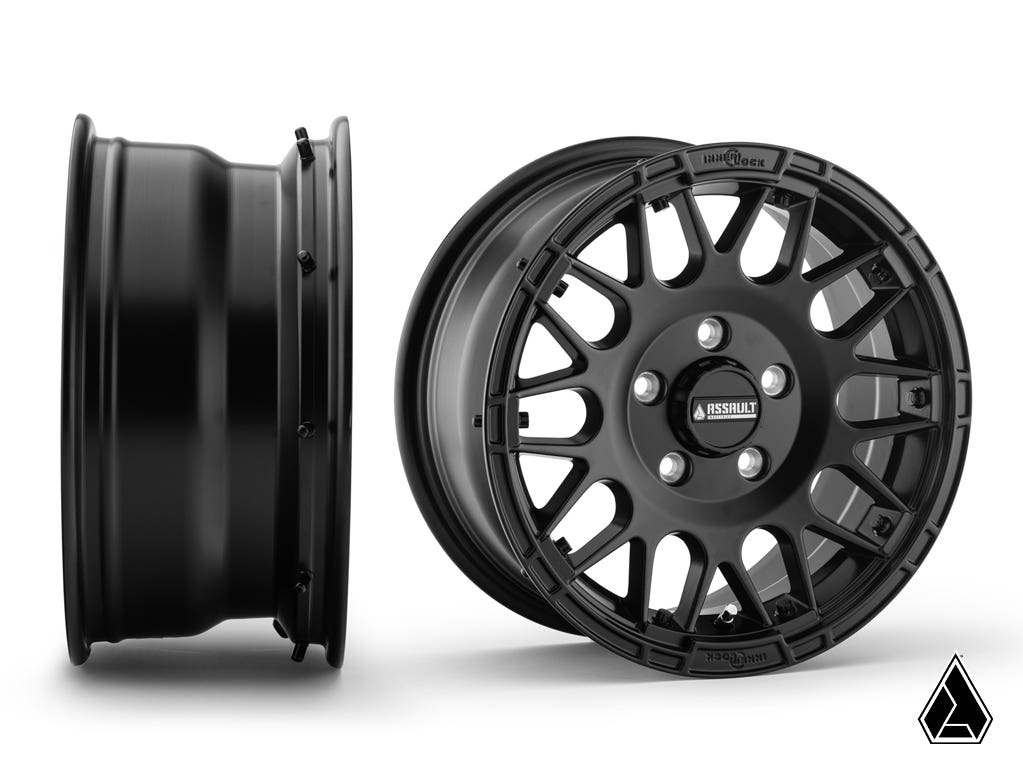 Sticky XT Warrior Tires 35x10x15 on 15x7 Assault Industries Hellfire Satin Black Wheels 5/4.5 Pattern for RZR Pro R and RZR Pro R 4 and RZR Turbo R and RZR Turbo R 4