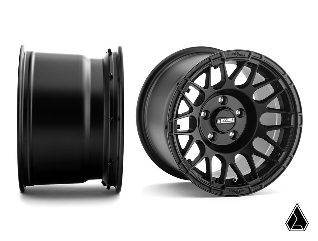 Sticky XT Warrior Tires 32x10x15 on 15x10 Assault Industries Hellfire Satin Black Wheels 5/4.5 Pattern for RZR Pro R and RZR Pro R 4 and RZR Turbo R and RZR Turbo R 4