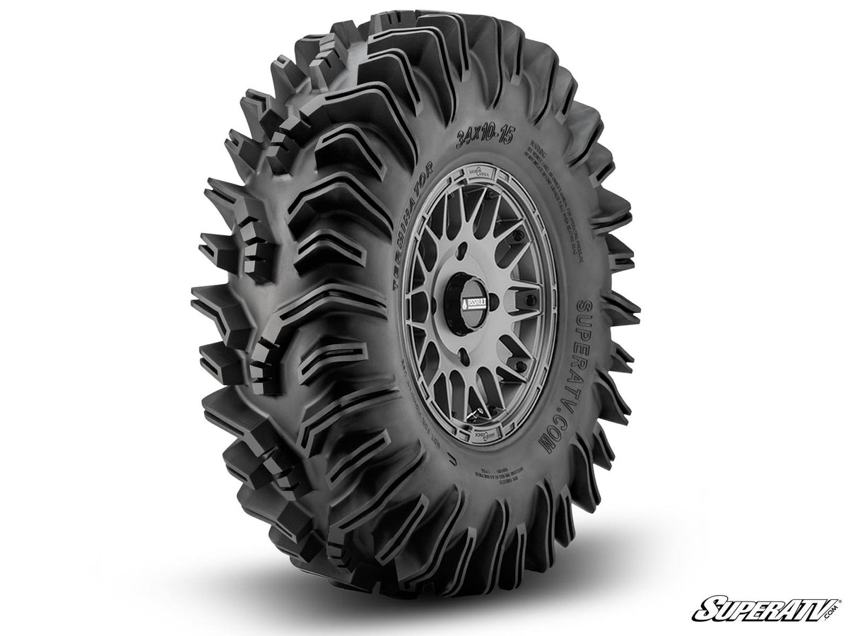 Intimidator Tires 34x10x15 on 15" Matte Titanium Hellfire Wheels 4/156 Pattern for RZR Pro XP and RZR Pro XP 4 and RZR S 1000 and RZR S 800 and RZR S 900 and RZR S4 1000 and RZR XP 1000 and RZR XP 4 1000 and RZR XP 4 900 and RZR XP Turbo and RZR XP 4 Turbo and RZR XP Turbo S and RZR XP 4 Turbo S and RZR XP 900 and RZR 4 800 and RZR 4 900 and RZR 570 and RZR 800 and RZR 900