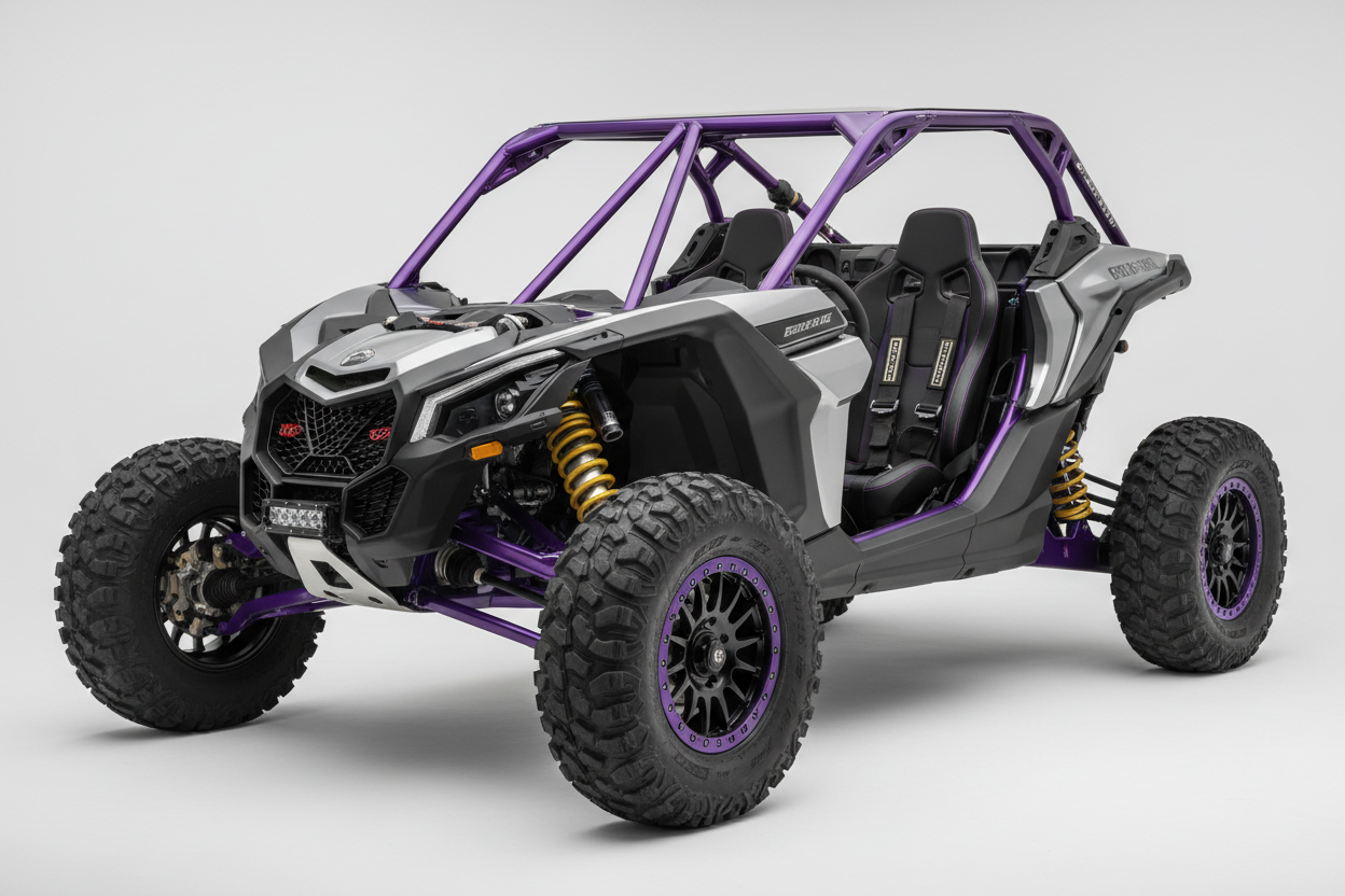 maverick x3 2 seat side-by-side with a purple roll cage