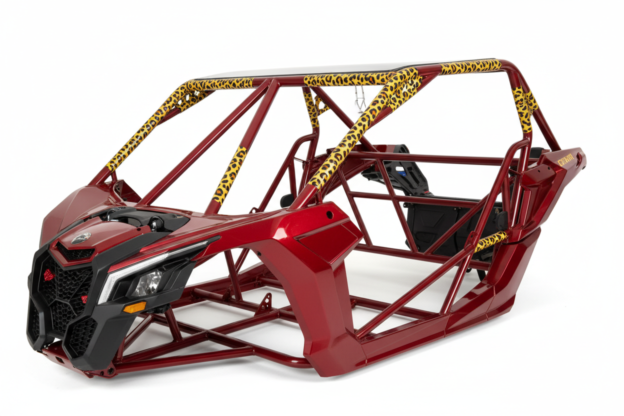 maverick x3 roll cage for a side-by-side in red with cheeta print