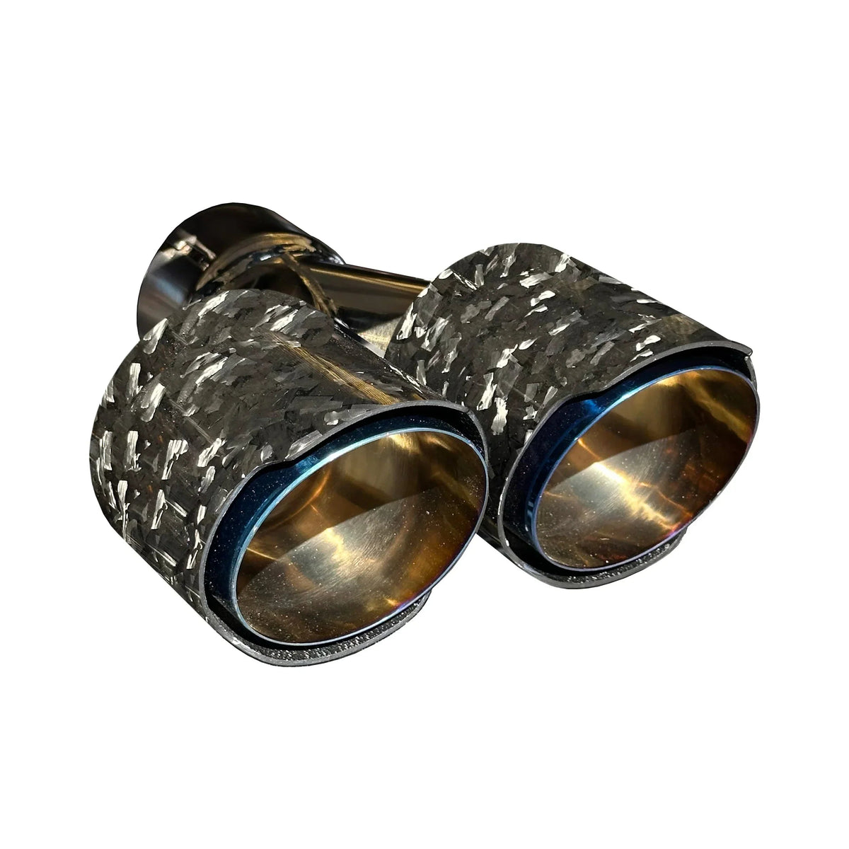RPM Blue/Gold dual-outlet tip assembly with Gloss Forged Carbon cover for compatible RPM mufflers