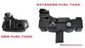 Weistec extended Pro R 4 fuel tank alongside an OEM tank for size comparison