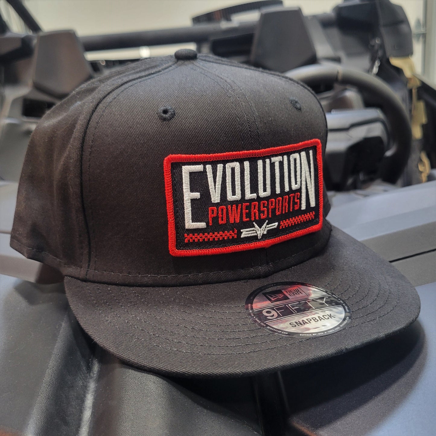 Checkered Patch Snapback Hat, Black Canvas